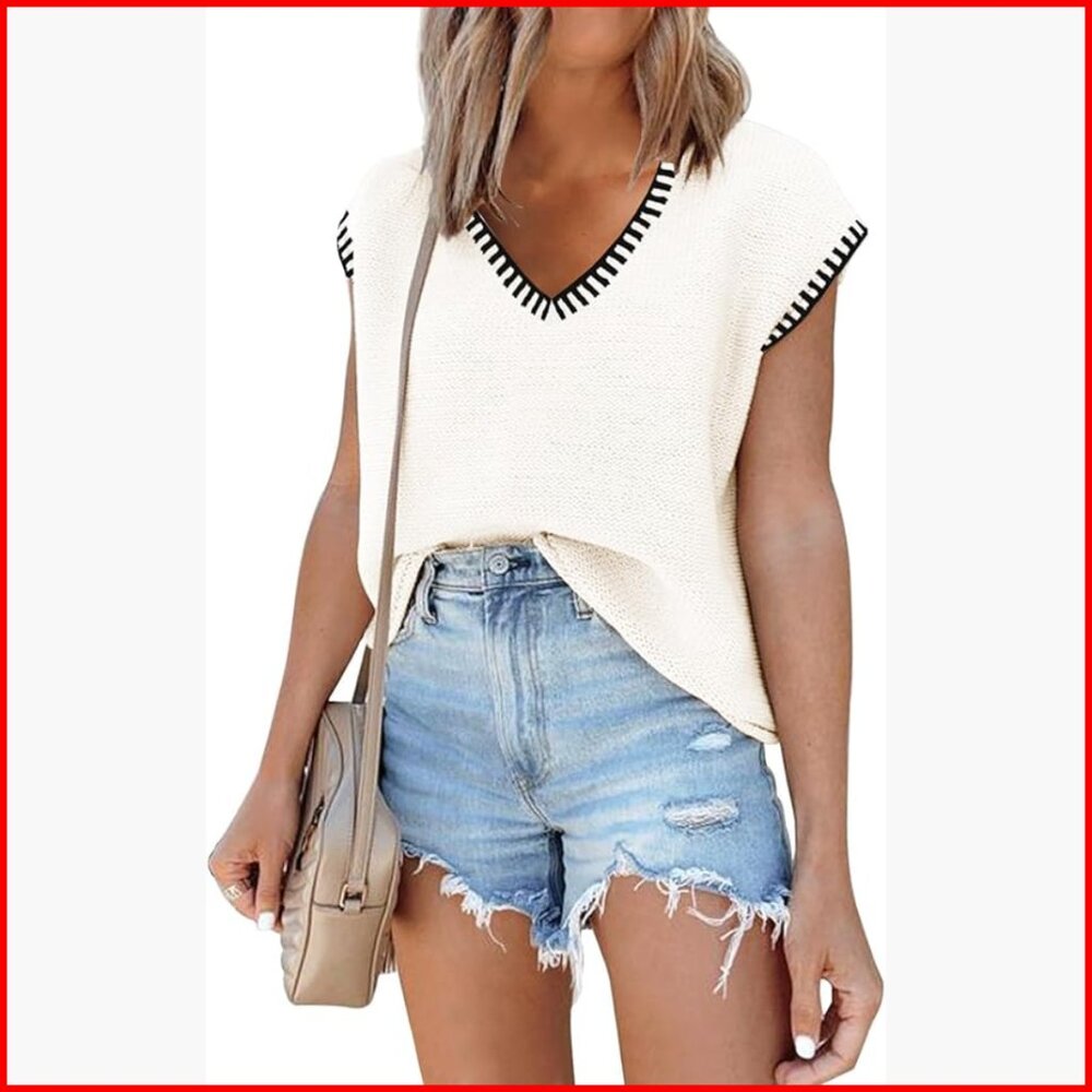 Sleeveless V-Neck Sweater Vest Cap Sleeve Knit Pullover Tank Top